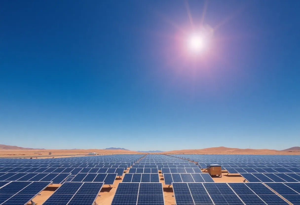 Aerial view of the Aurora solar photovoltaic plant in Chile with solar panels and battery storage.