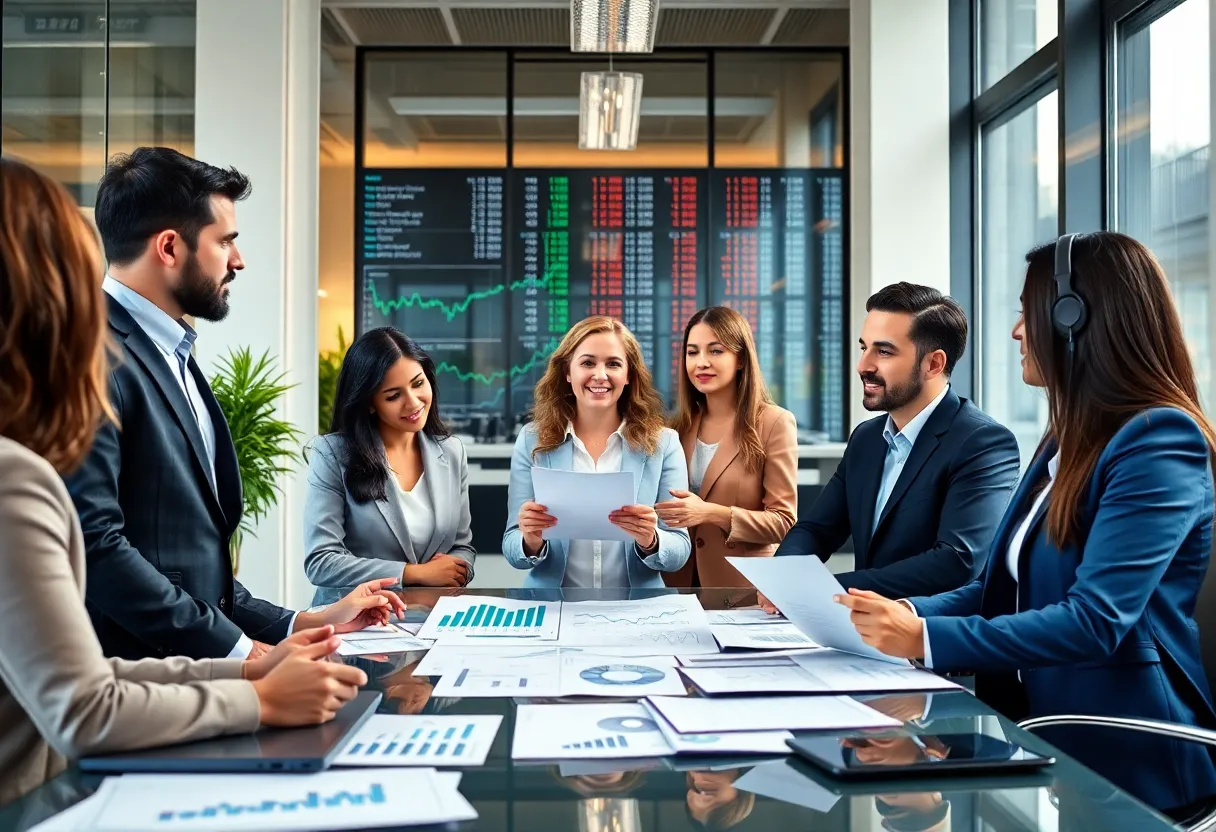 Financial team analyzing growth charts in office setting
