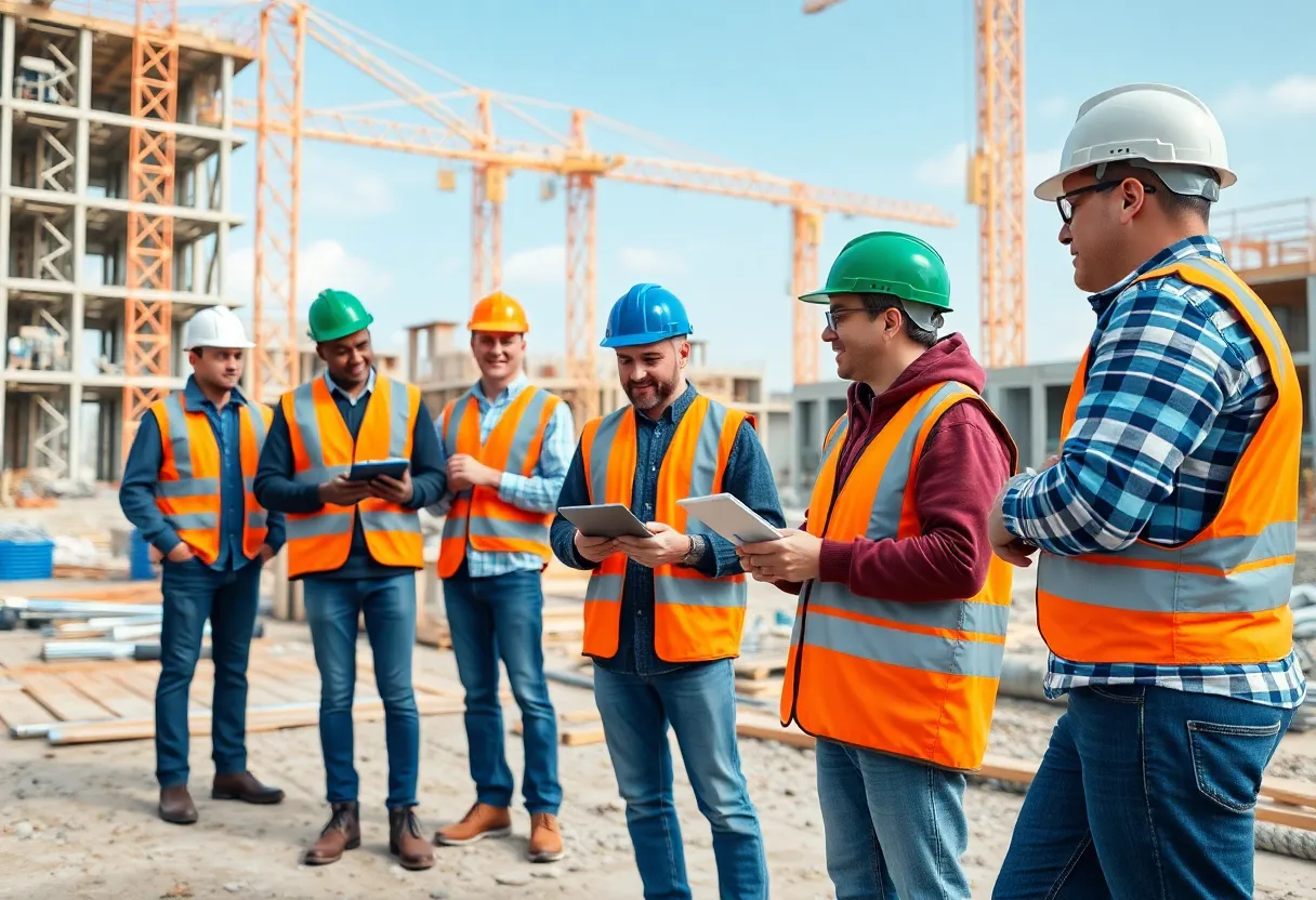 Construction workers using AI technology on site