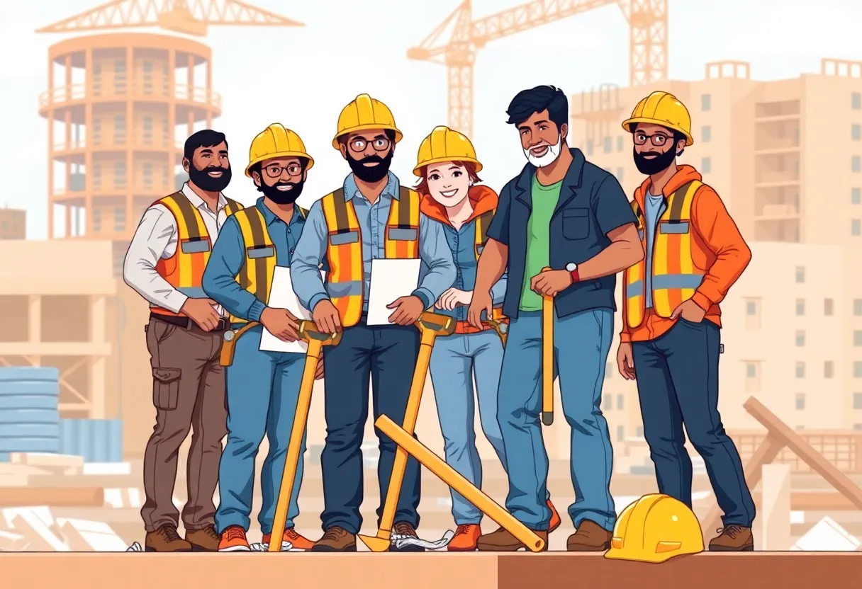 Diverse construction workers collaborating on a project representing employee ownership.