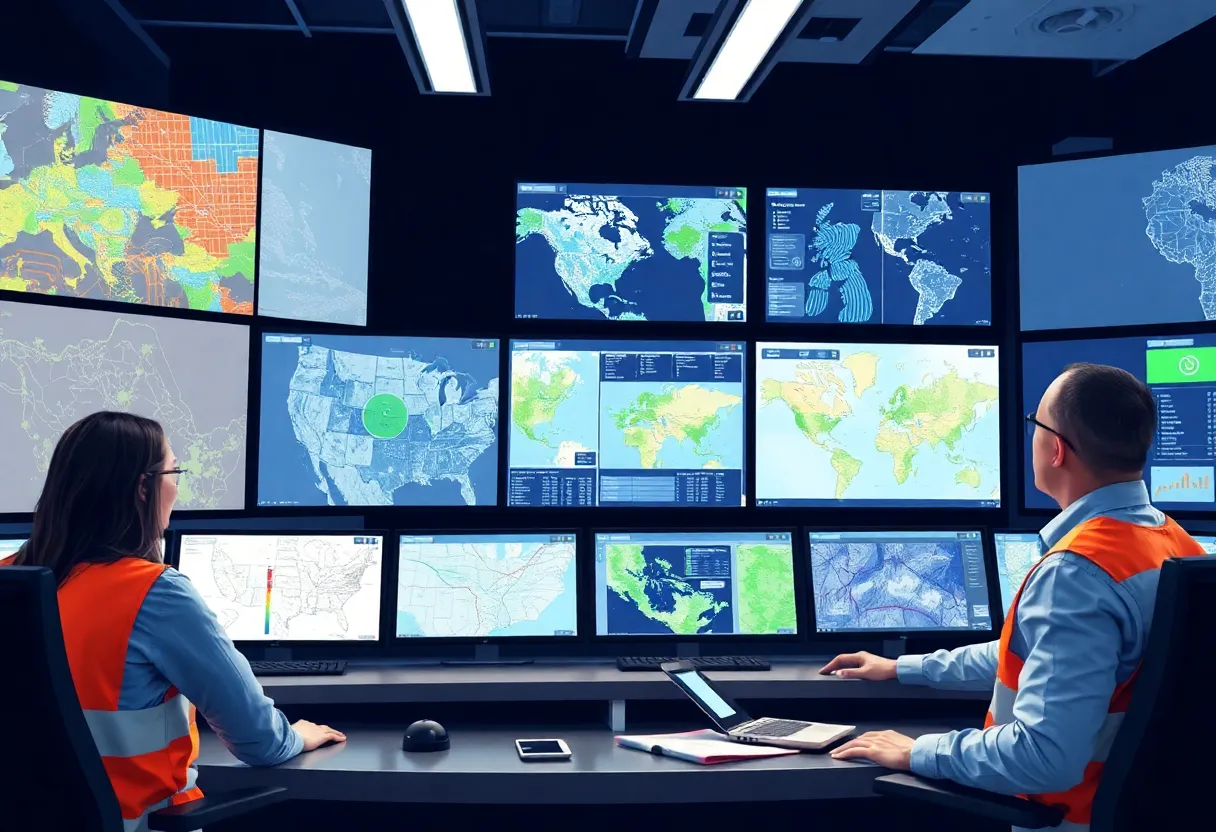 Team collaborating in a modern utility control center with GIS technology