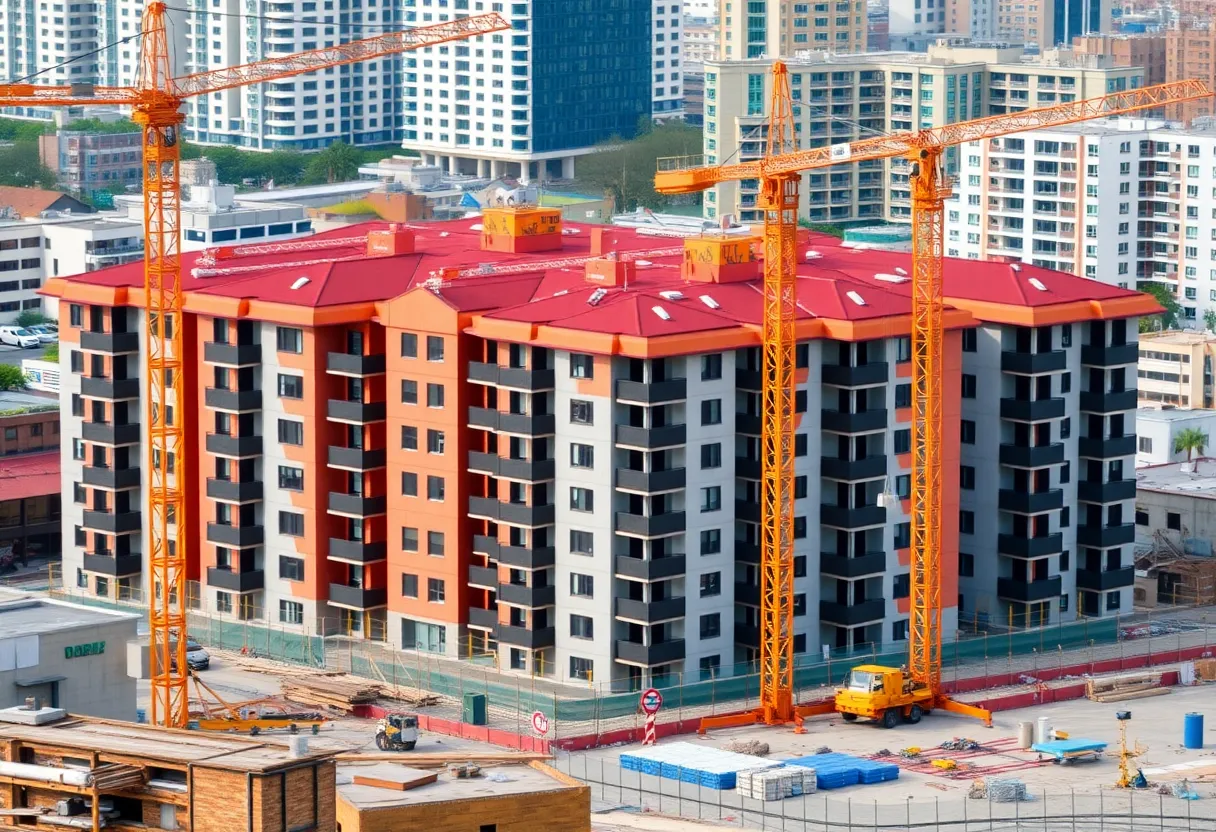 Construction site of a multifamily housing project facing challenges.