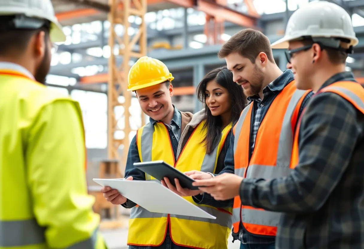 Team using technology on a construction site