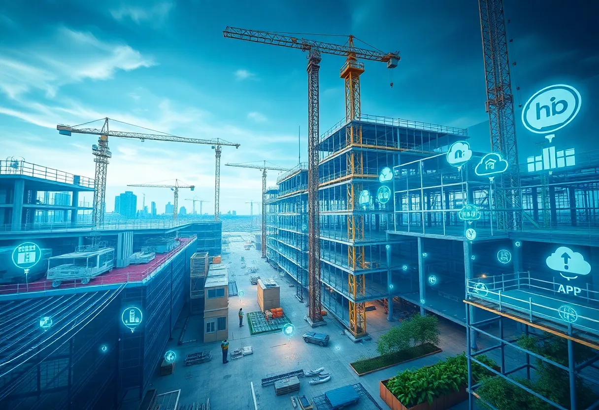 Construction site with 3D Building Information Modeling overlays showing architectural and MEP layers