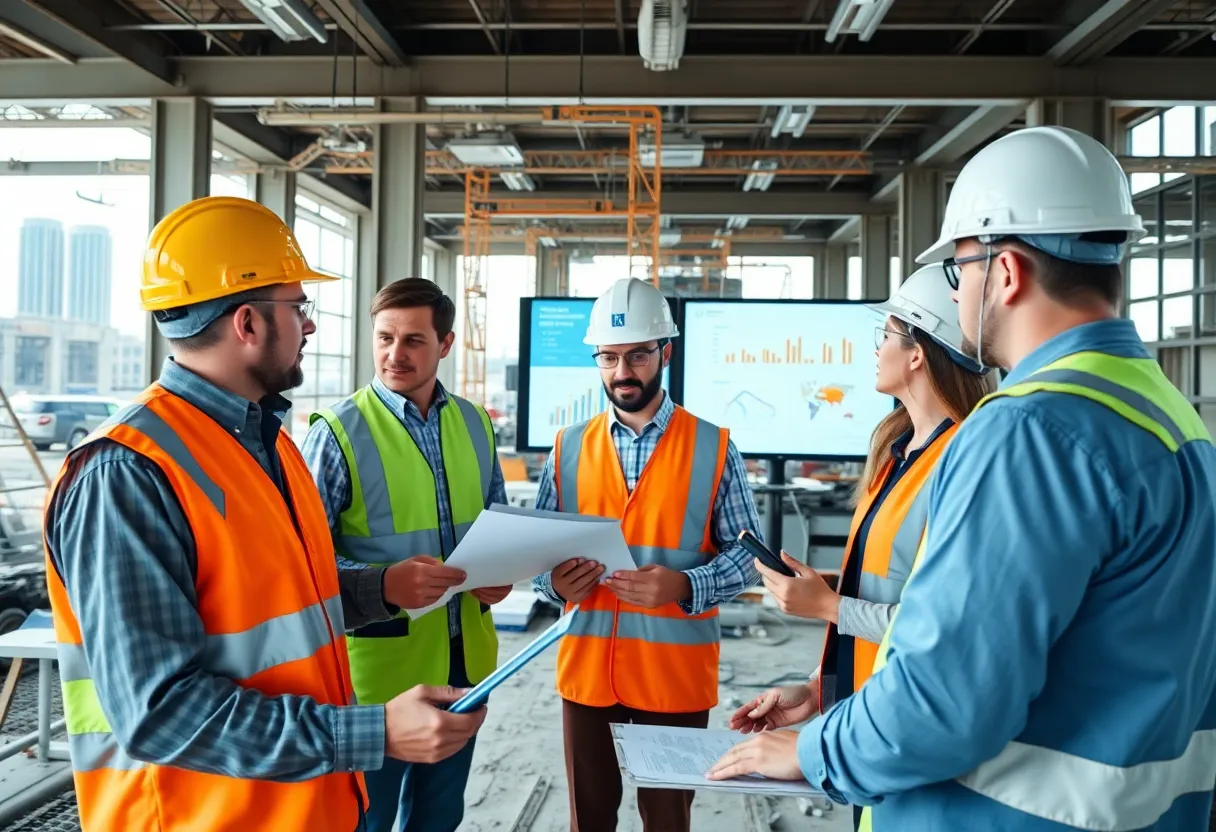 Team collaborating on construction management solutions with digital tools