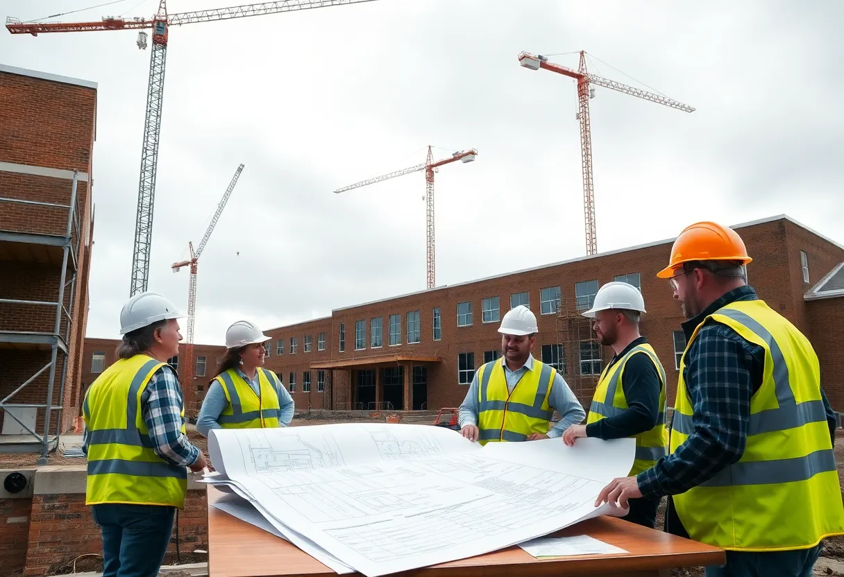 Construction site of Morris Community High School addition with architects reviewing plans