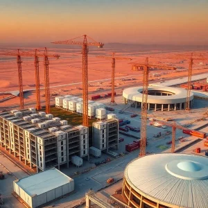 Panoramic skyline of a Middle East construction zone with cranes, modular units, stadium and airport under construction