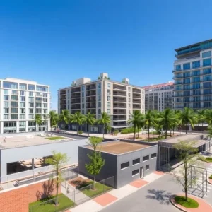 Rendering of a mid-rise apartment building with rooftop pool, public park and parking garage in downtown Boca Raton