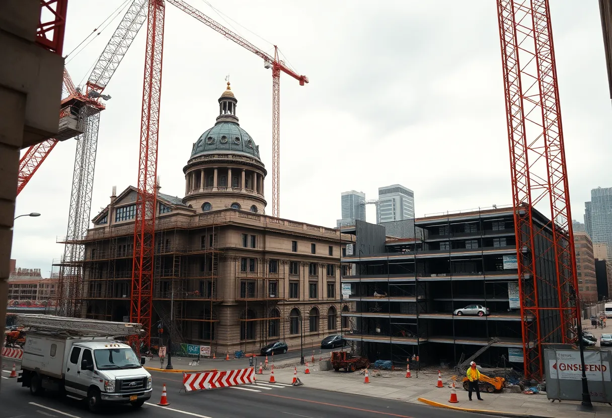 Historic courthouse restoration and downtown construction site in St. Louis with cranes, scaffolding and distant workers