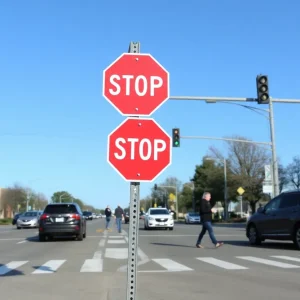 4-way stop sign installed at a busy intersection in Lucas County