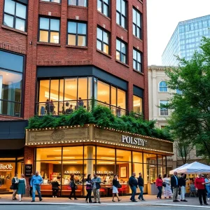 Exterior view of the refurbished Polsky Building with urban activity