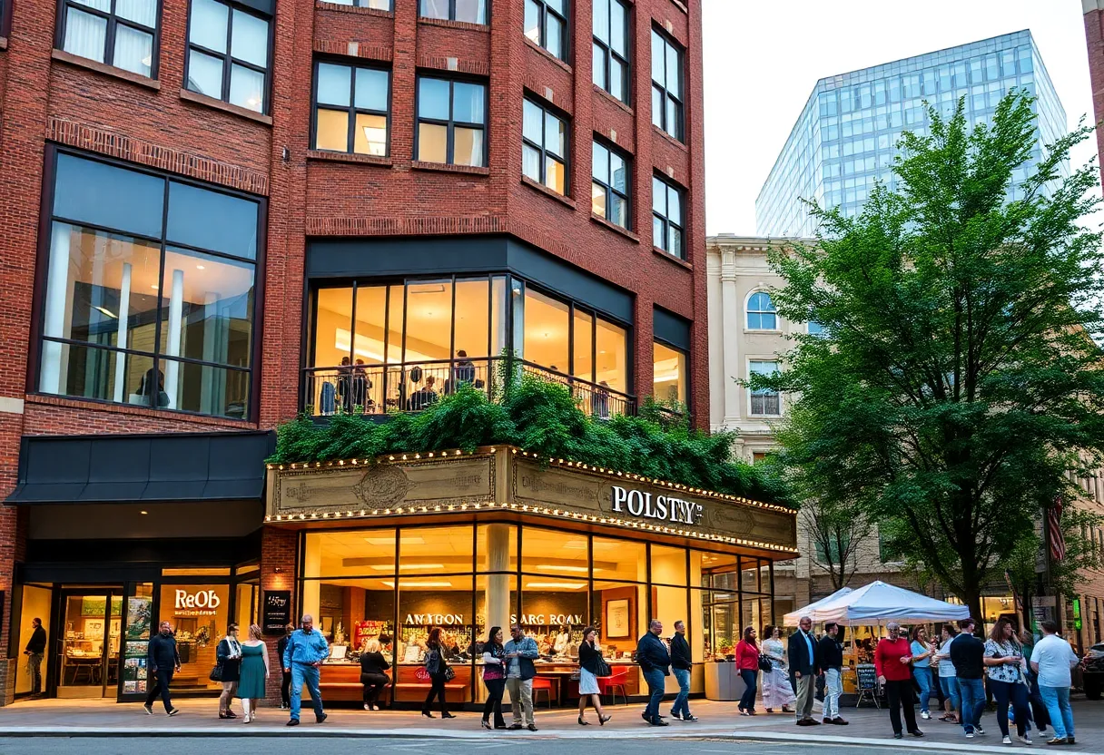 Exterior view of the refurbished Polsky Building with urban activity