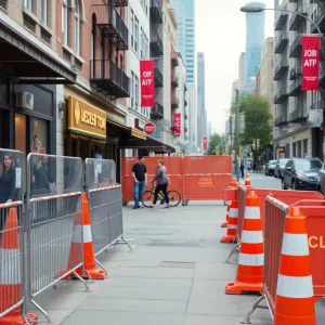Construction barriers blocking walkways near an Akron restaurant