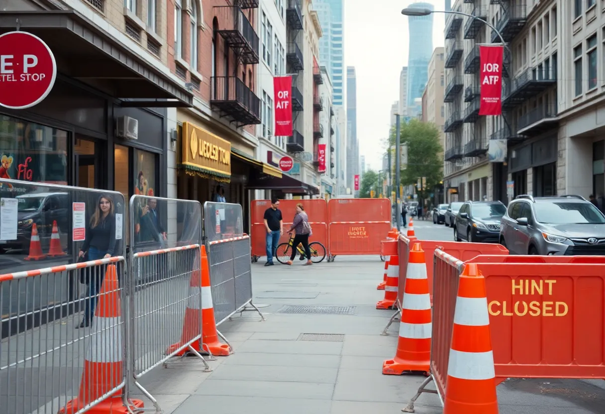 Construction barriers blocking walkways near an Akron restaurant