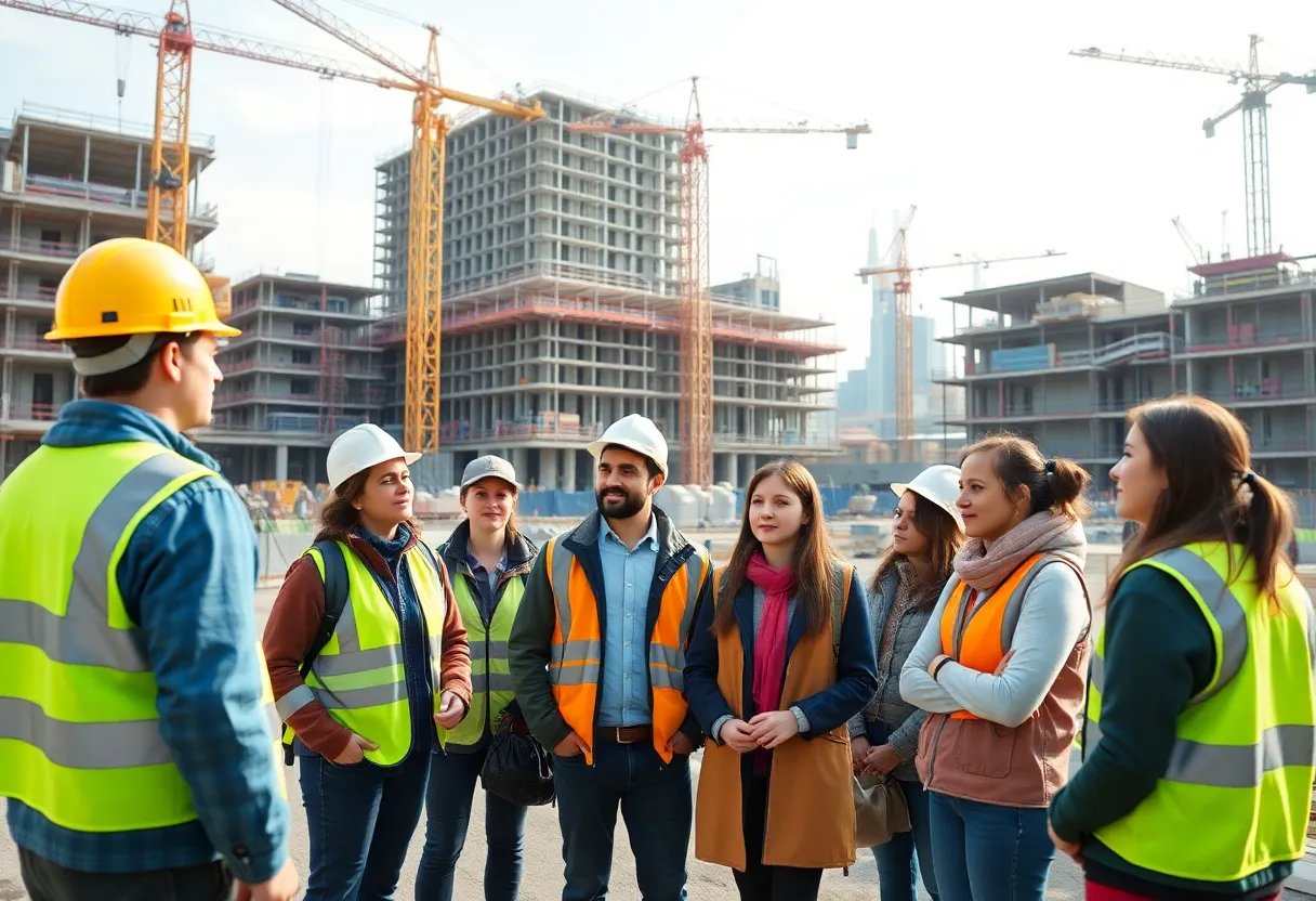 Students touring the construction site of Bridgeport's new high school.