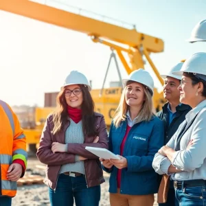 Teachers at a construction site learning about engineering and safety protocols.