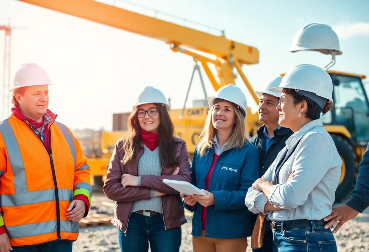 Teachers at a construction site learning about engineering and safety protocols.