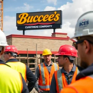 Construction site of Buc-ee's with workers and safety measures in place.