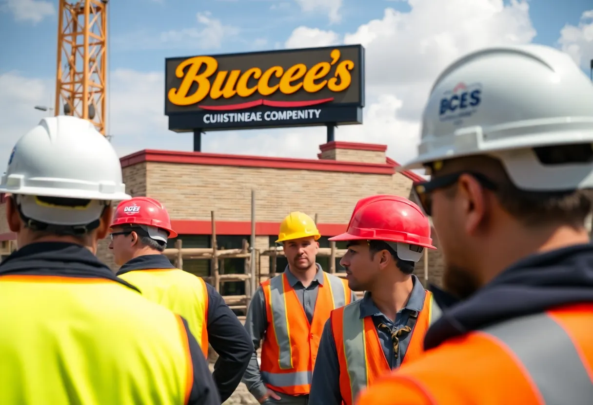 Construction site of Buc-ee's with workers and safety measures in place.
