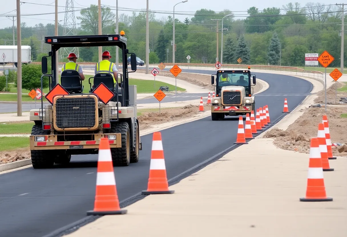 Workers repairing roads in Champaign County with construction equipment.