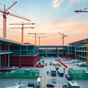 Construction at Cleveland Hopkins Airport with cranes and workers.