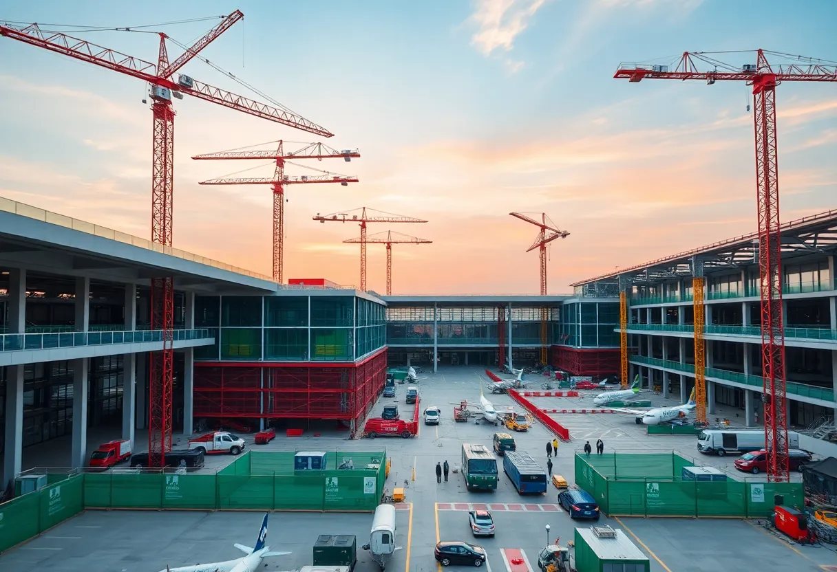 Construction at Cleveland Hopkins Airport with cranes and workers.