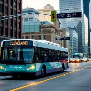 Public transportation bus on West 25th Street in Cleveland with infrastructure improvements.