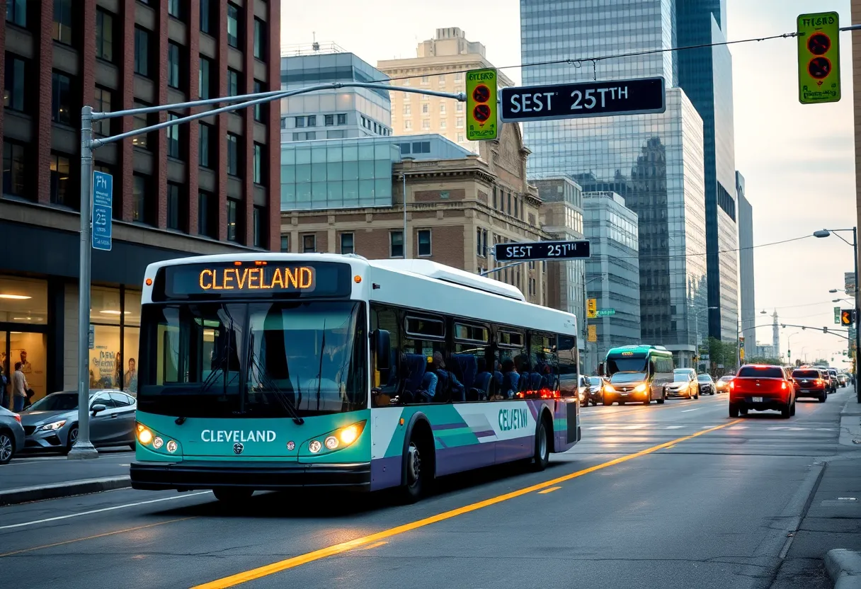 Public transportation bus on West 25th Street in Cleveland with infrastructure improvements.
