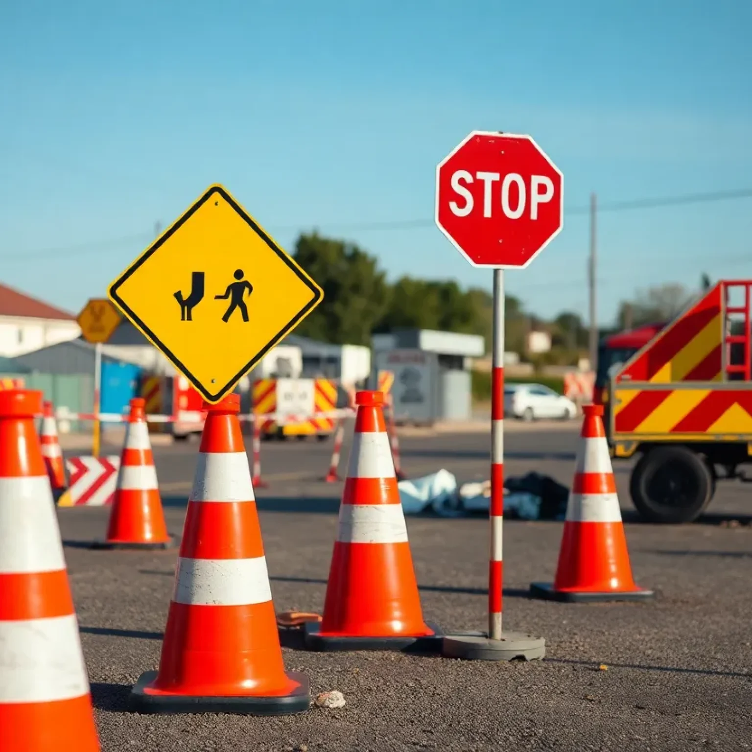 Construction site with warning signs and traffic cones after an accident