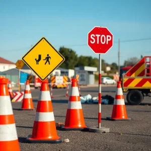 Construction site with warning signs and traffic cones after an accident