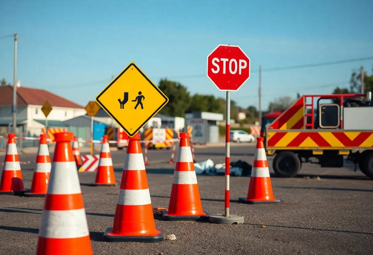 Construction site with warning signs and traffic cones after an accident