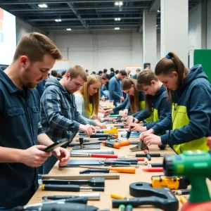 Students participating in trades workshops at the Explore Your Future event.