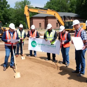 Construction workers at the groundbreaking ceremony for a hospice care facility.