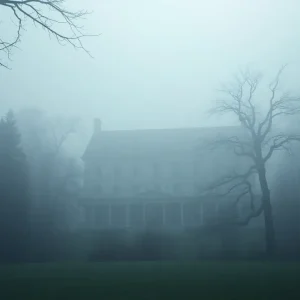 Eerie old mansion surrounded by fog in Stark County