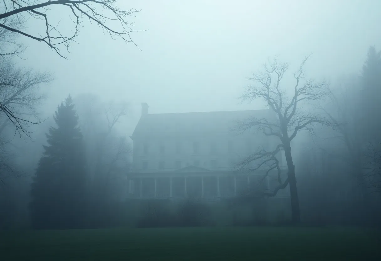Eerie old mansion surrounded by fog in Stark County