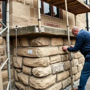 Restoration work on Lepper Library's sandstone foundation