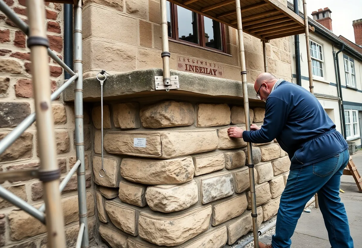 Restoration work on Lepper Library's sandstone foundation