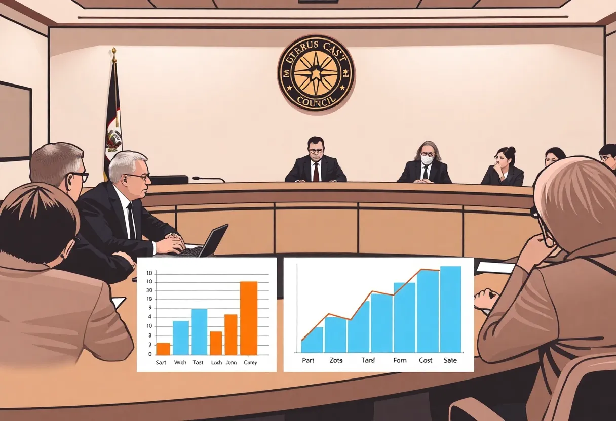 City officials discussing budget proposals at a council meeting