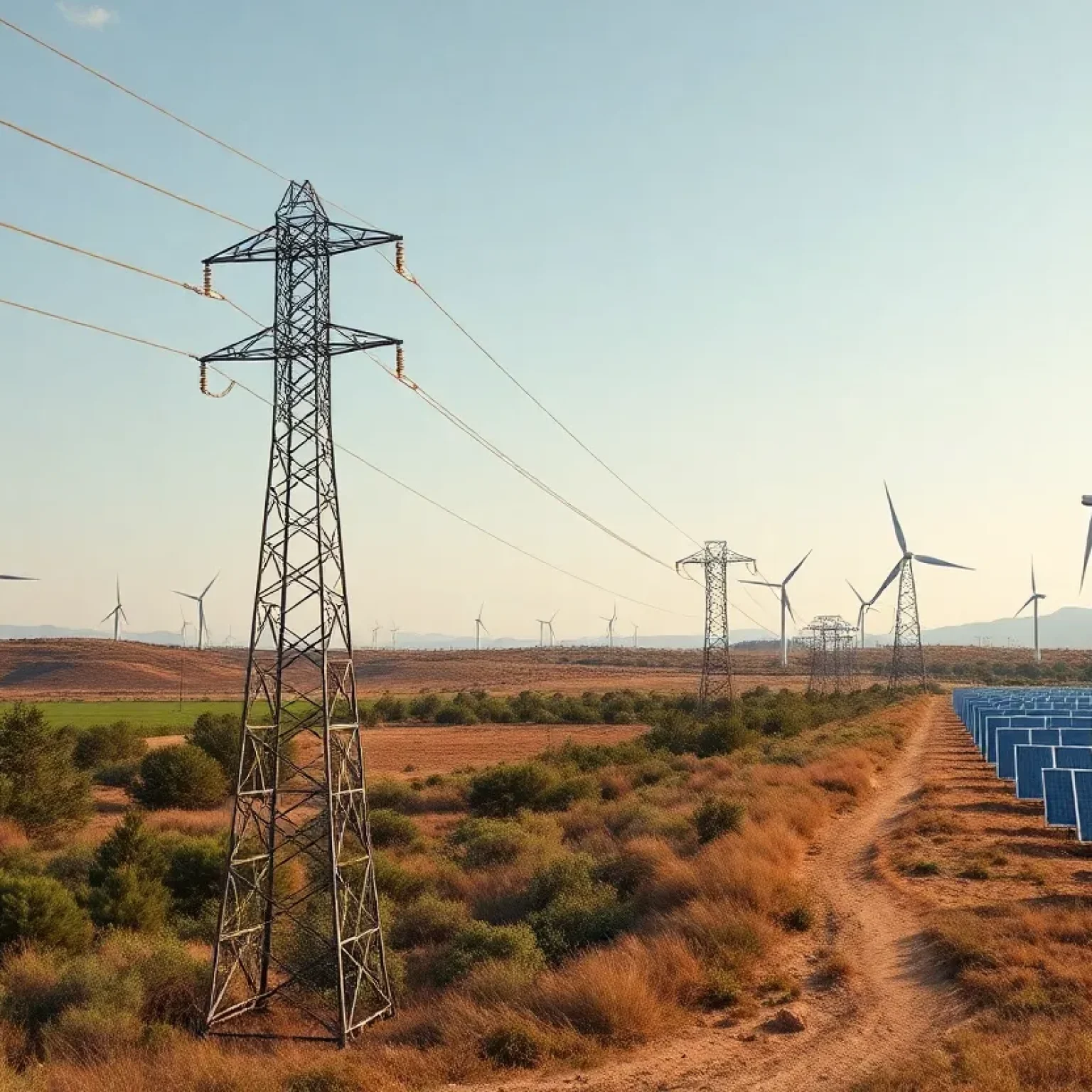 A modern power line with solar panels and wind turbines