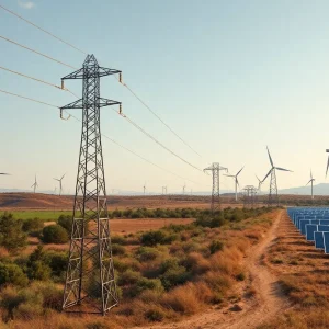 A modern power line with solar panels and wind turbines