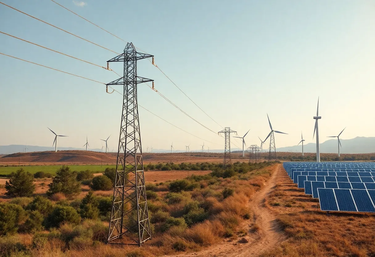 A modern power line with solar panels and wind turbines