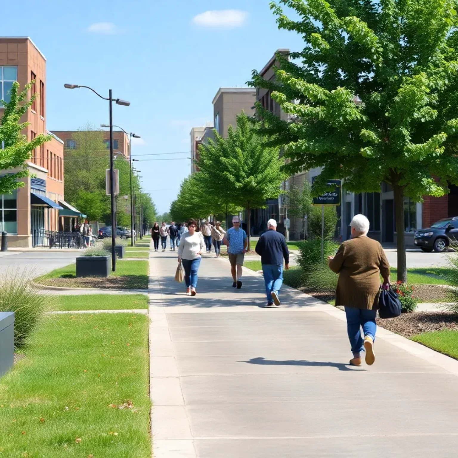 Improved sidewalk in Monroe, Ohio with pedestrians.