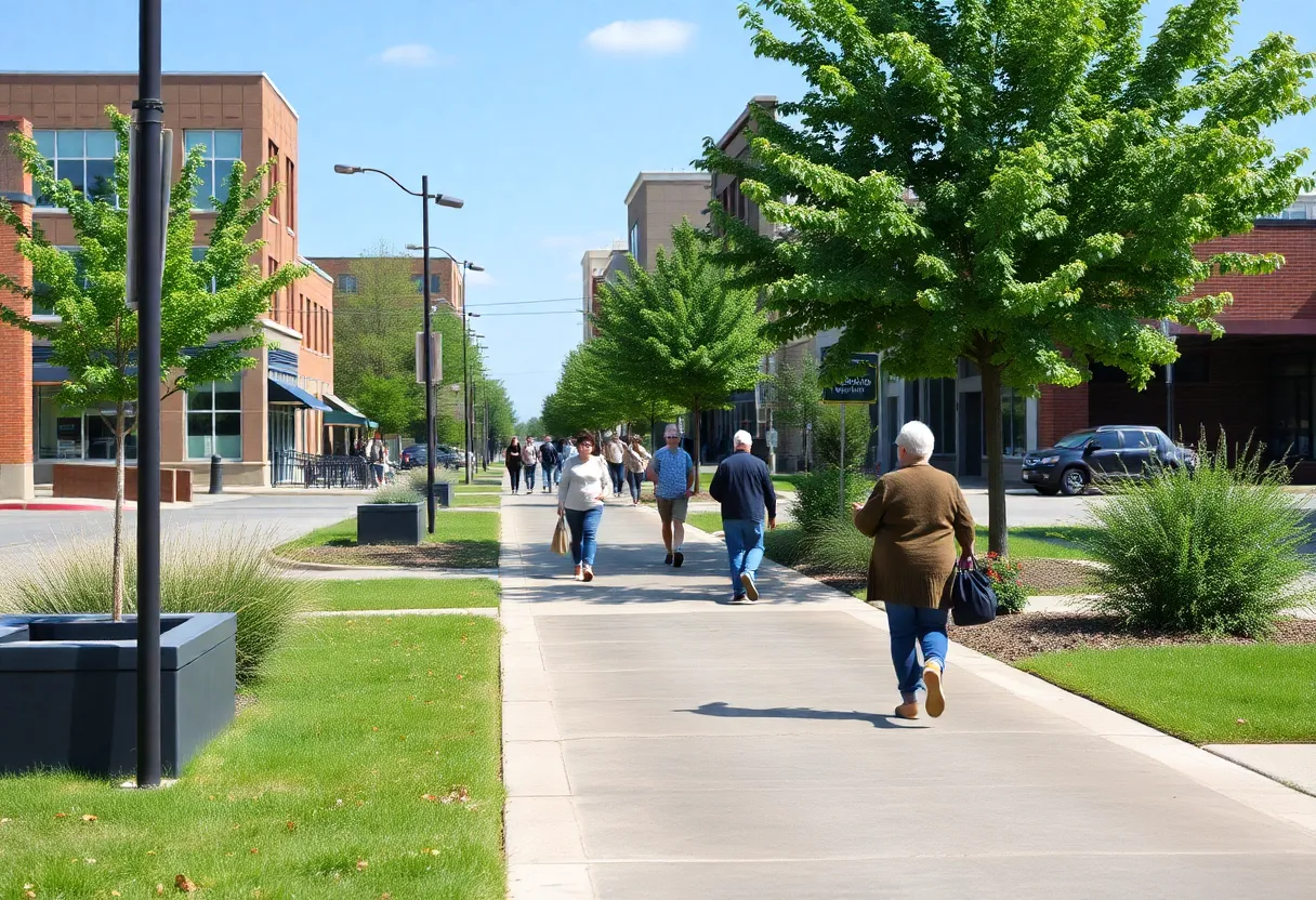 Improved sidewalk in Monroe, Ohio with pedestrians.