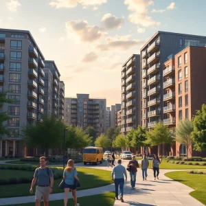 Modern apartment towers near Ohio State University filled with students.