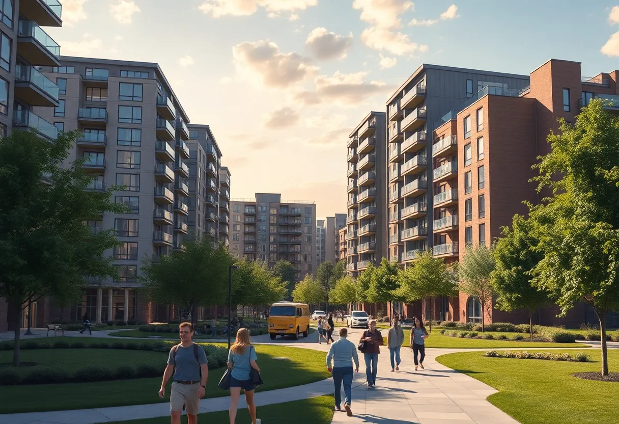 Modern apartment towers near Ohio State University filled with students.