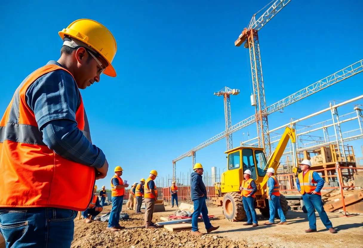 Workers at a construction site in Northeast Ohio training for careers in construction.