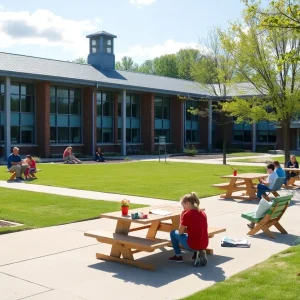 Students studying outdoors in an Ohio school environment.