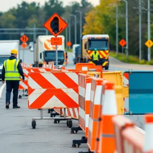 Ohio road construction crew wearing safety gear and working in a construction zone.