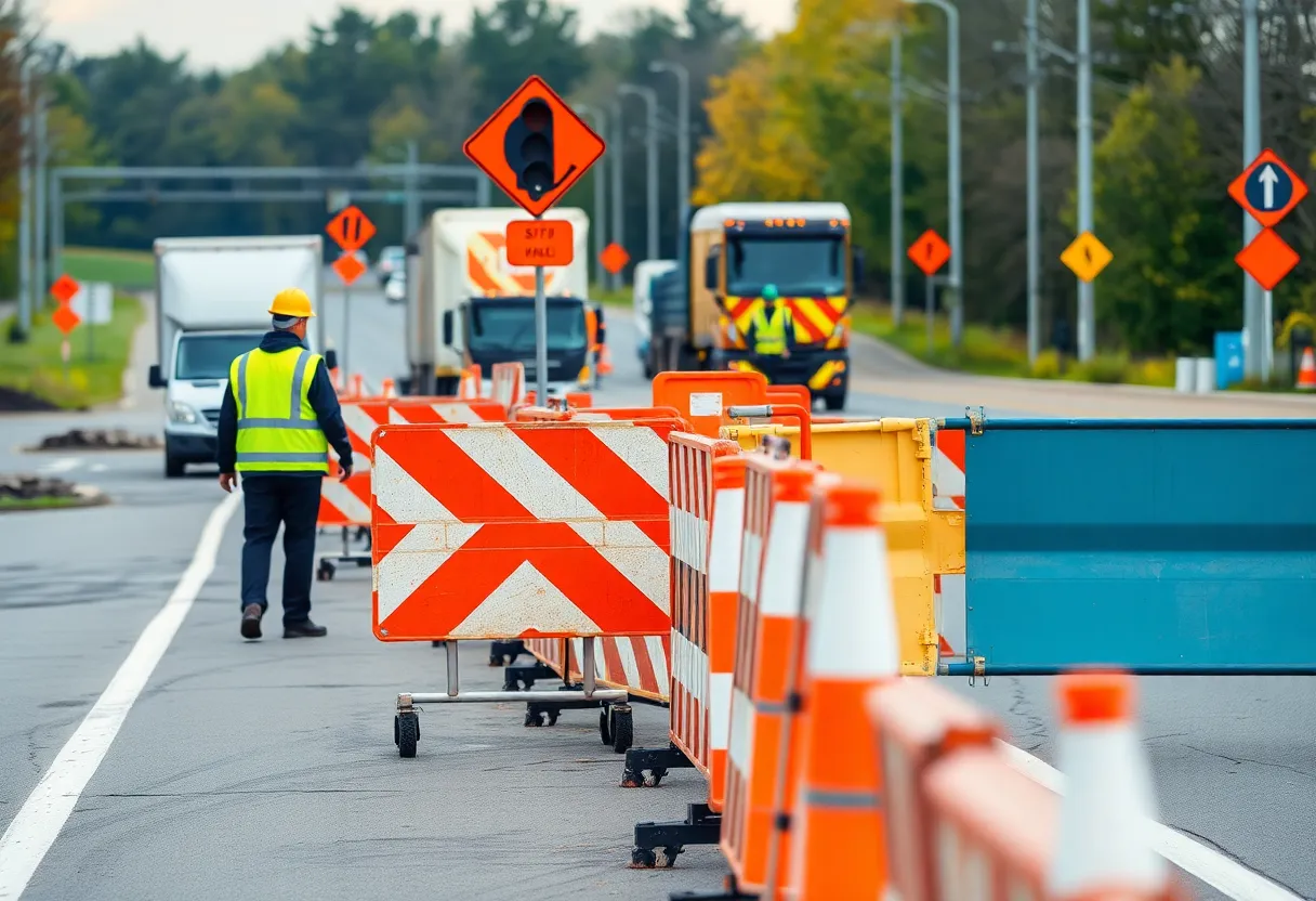 Ohio road construction crew wearing safety gear and working in a construction zone.