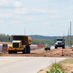 Road construction in Pike County, Ohio, with machinery and workers enhancing the infrastructure.